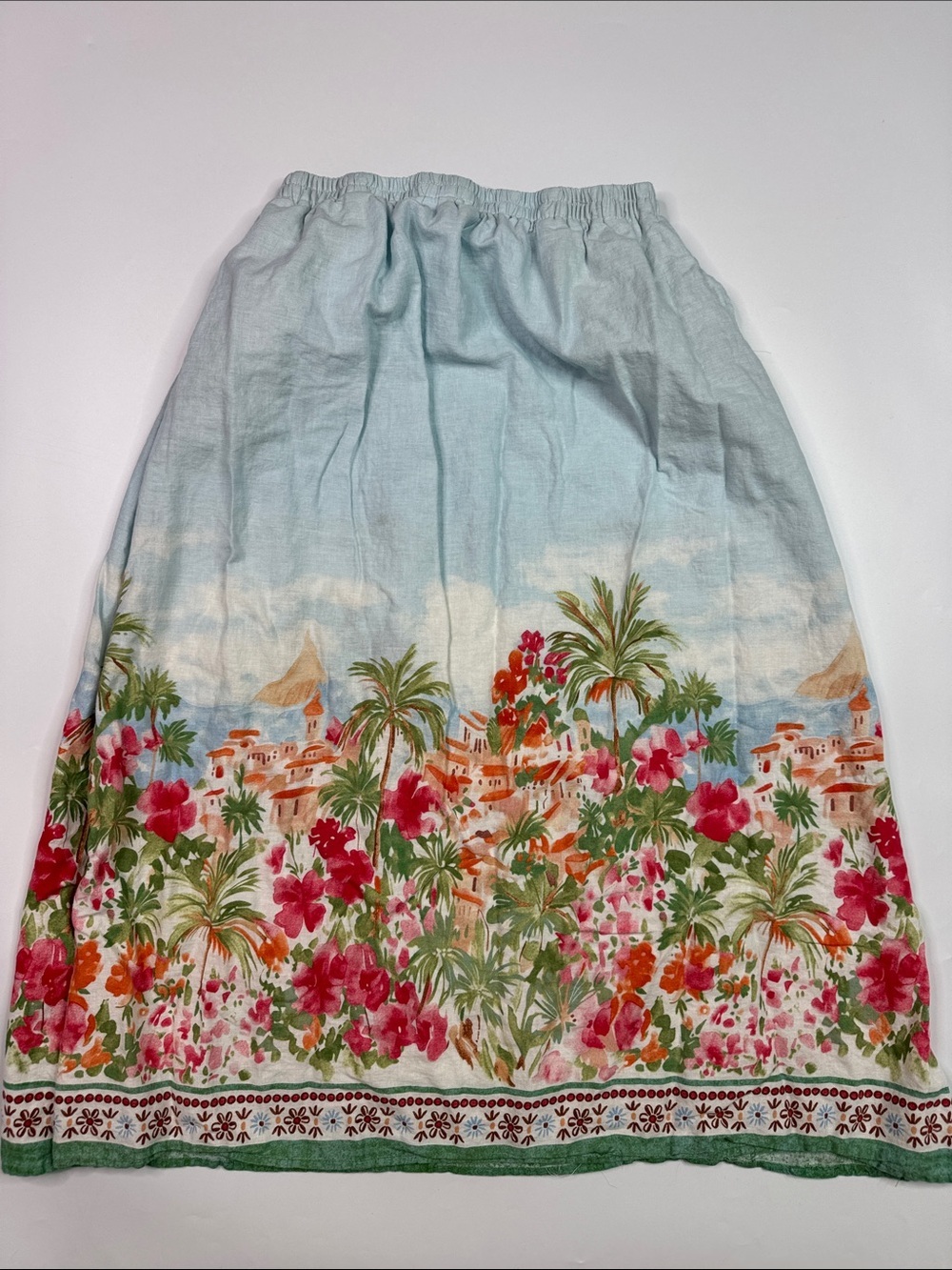 Calypso St. Barth Caribbean Mediterranean Villege Print Blue Linen Skirt Medium